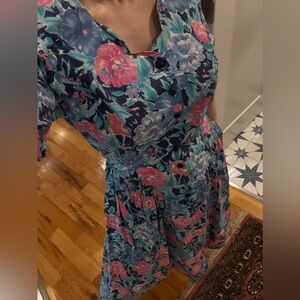 Vintage Floral 80s Belted Midi Dress in Teal and Coral